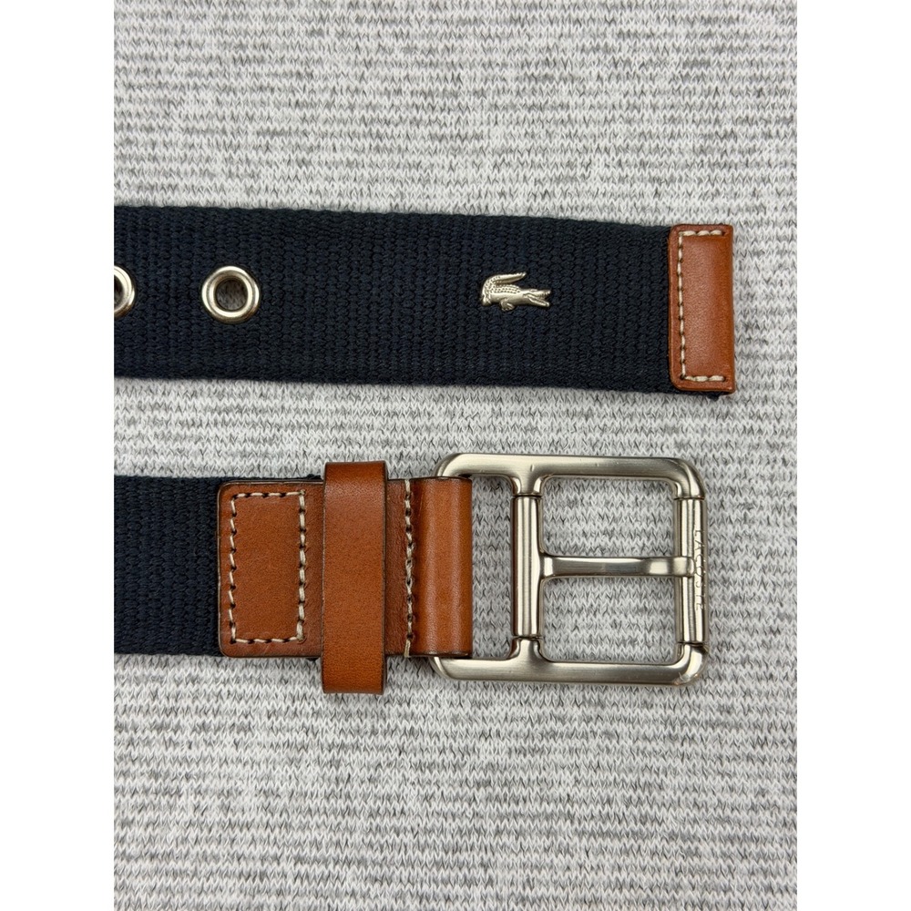 Lacoste Mens Navy Blue Webbed Belt Brown Leather Trim Logo Size 36